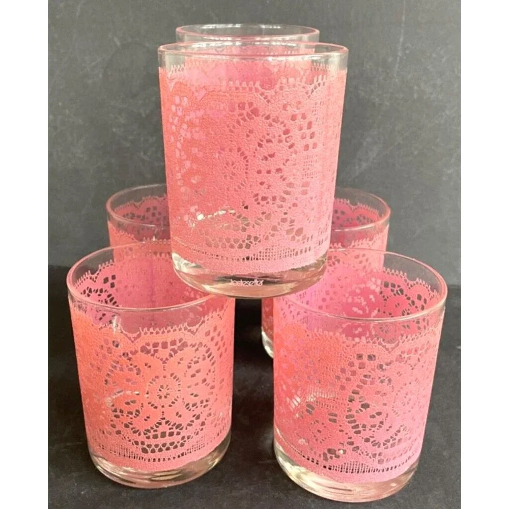 Set of 6 MCM Barware Highball Glasses Pink Lace TasteSetter Vintage Retro RARE